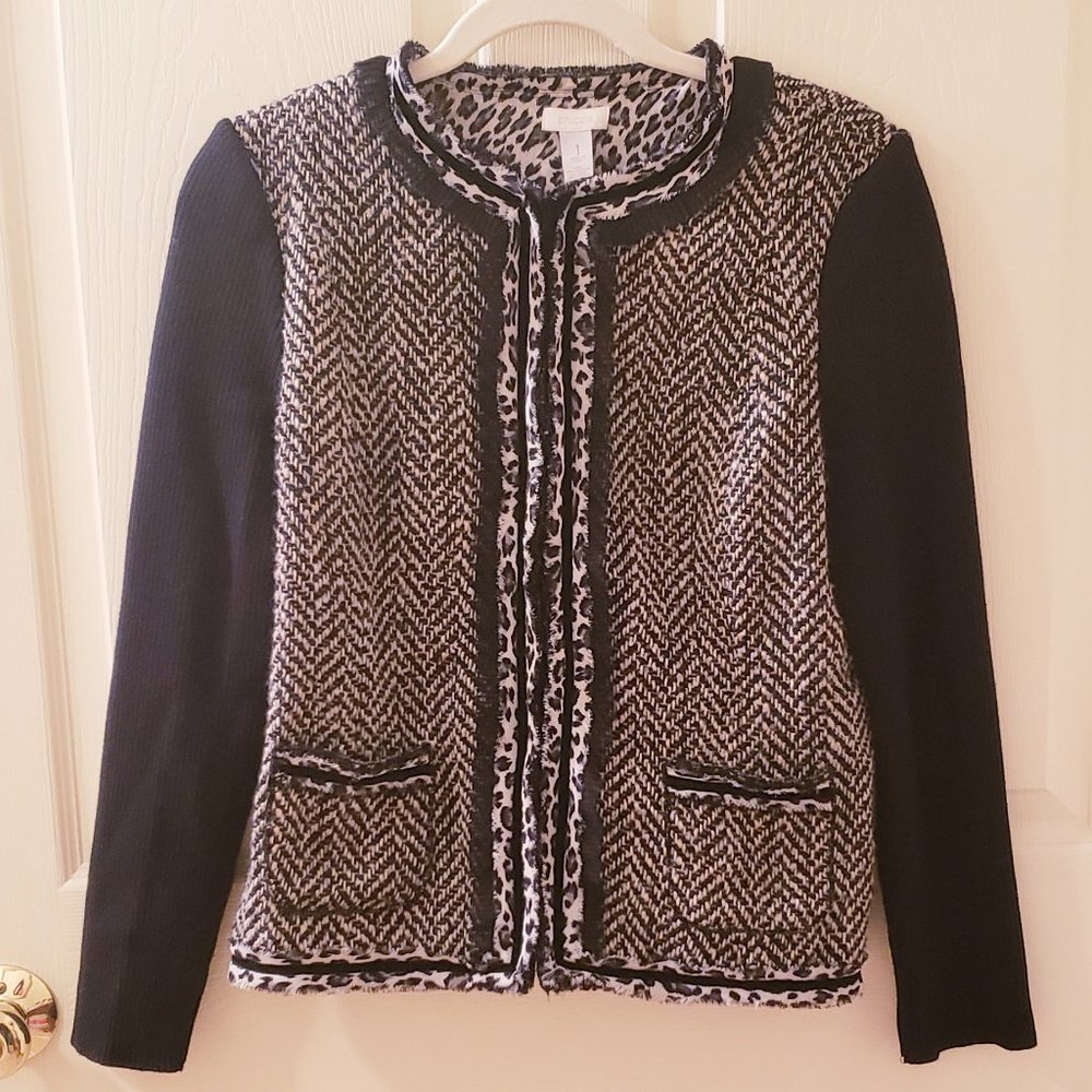 Chico's Neutral Tweed Leopard Trim Wool Blend Sweater Jacket / Blazer (Medium 1)